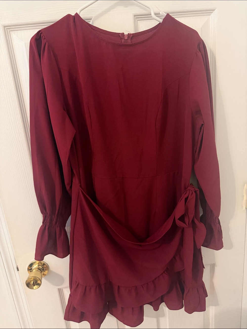 Women's Burgundy Long-Sleeve Ruffle Wrap Dress